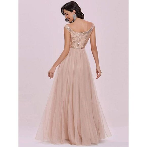 Womens V Neck Sequin Tulle A Line Evening Formal Dress Bridesmaid Rose Gold - Picture 5 of 7